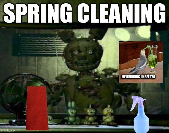 FNAF Springtrap in window | SPRING CLEANING; ME DRINKING UNSEE TEA | image tagged in fnaf springtrap in window | made w/ Imgflip meme maker