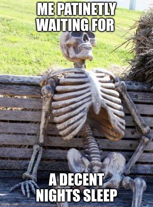 Waiting Skeleton | ME PATINETLY WAITING FOR; A DECENT NIGHTS SLEEP | image tagged in memes,waiting skeleton | made w/ Imgflip meme maker
