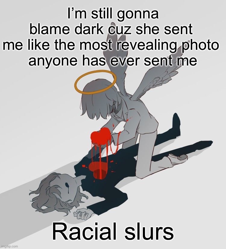 Avogado6 depression | I’m still gonna blame dark cuz she sent 
me like the most revealing photo 
anyone has ever sent me; Racial slurs | image tagged in avogado6 depression | made w/ Imgflip meme maker