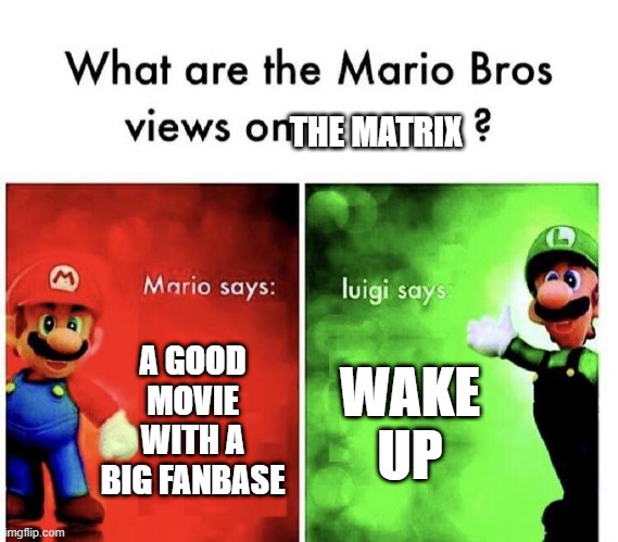 Mario Bros Views | THE MATRIX; A GOOD MOVIE WITH A BIG FANBASE; WAKE UP | image tagged in mario bros views | made w/ Imgflip meme maker