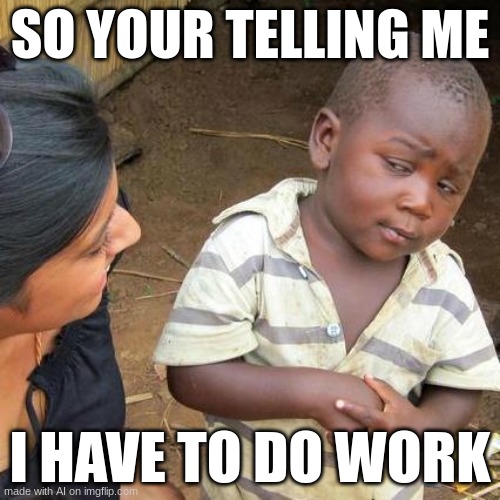 Third World Skeptical Kid | SO YOUR TELLING ME; I HAVE TO DO WORK | image tagged in memes,third world skeptical kid,funny | made w/ Imgflip meme maker