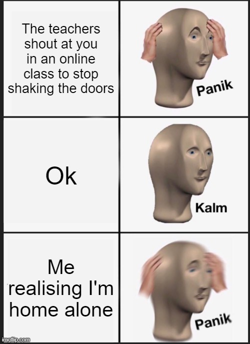 Panik Kalm Panik | The teachers shout at you in an online class to stop shaking the doors; Ok; Me realising I'm home alone | image tagged in memes,panik kalm panik | made w/ Imgflip meme maker