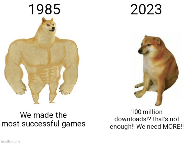 Gaming time! | 1985; 2023; We made the most successful games; 100 million downloads!? that's not enough!! We need MORE!! | image tagged in memes,buff doge vs cheems,gaming | made w/ Imgflip meme maker
