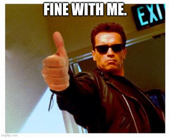terminator thumbs up | FINE WITH ME. | image tagged in terminator thumbs up | made w/ Imgflip meme maker