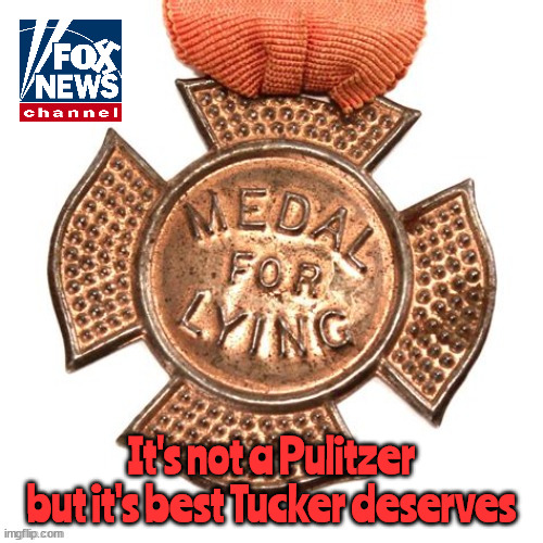 Tucker's award | It's not a Pulitzer but it's best Tucker deserves | image tagged in tucker carlson,fox news,maga,donald trump,liar,fraud | made w/ Imgflip meme maker