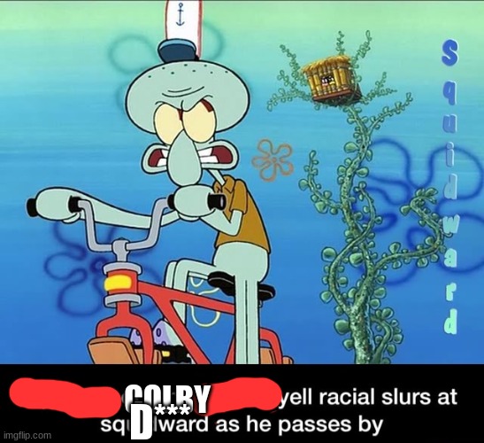 Spongebob and Patrick yell racial slurs at squidward | COLBY D*** | image tagged in spongebob and patrick yell racial slurs at squidward | made w/ Imgflip meme maker