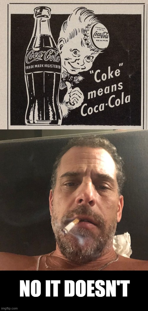 have a coke and a bribe | NO IT DOESN'T | image tagged in hunter biden,coke,drugs,addiction | made w/ Imgflip meme maker