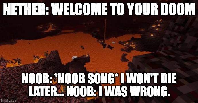 Nether | NETHER: WELCOME TO YOUR DOOM; NOOB: *NOOB SONG* I WON'T DIE
LATER... NOOB: I WAS WRONG. | image tagged in nether | made w/ Imgflip meme maker