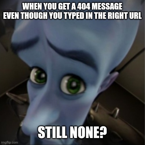 Megamind peeking | WHEN YOU GET A 404 MESSAGE EVEN THOUGH YOU TYPED IN THE RIGHT URL; STILL NONE? | image tagged in megamind peeking,website,memes,funny | made w/ Imgflip meme maker