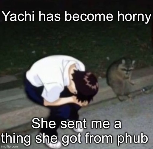 shinj crying with his raccoon homie | Yachi has become horny; She sent me a thing she got from phub | image tagged in shinj crying with his raccoon homie | made w/ Imgflip meme maker