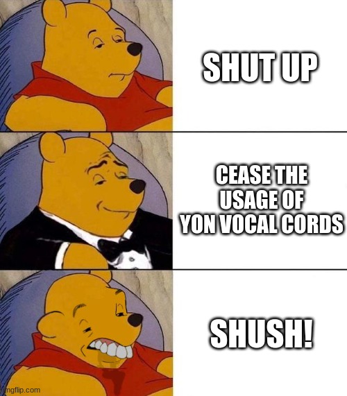 Best,Better, Blurst | SHUT UP; CEASE THE USAGE OF YON VOCAL CORDS; SHUSH! | image tagged in best better blurst | made w/ Imgflip meme maker