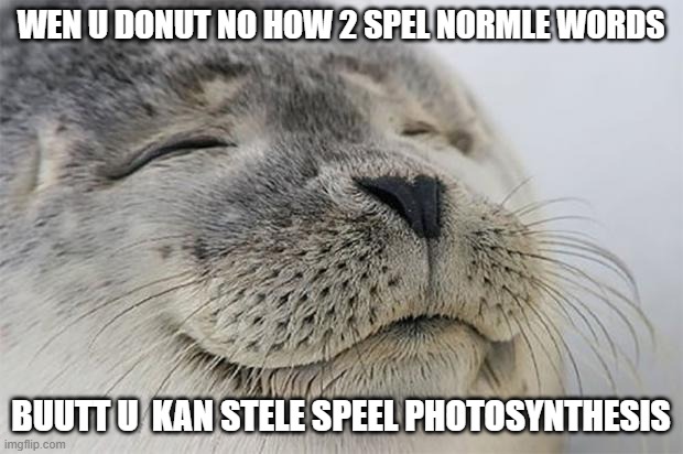 <3 | WEN U DONUT NO HOW 2 SPEL NORMLE WORDS; BUUTT U  KAN STELE SPEEL PHOTOSYNTHESIS | image tagged in memes,satisfied seal | made w/ Imgflip meme maker