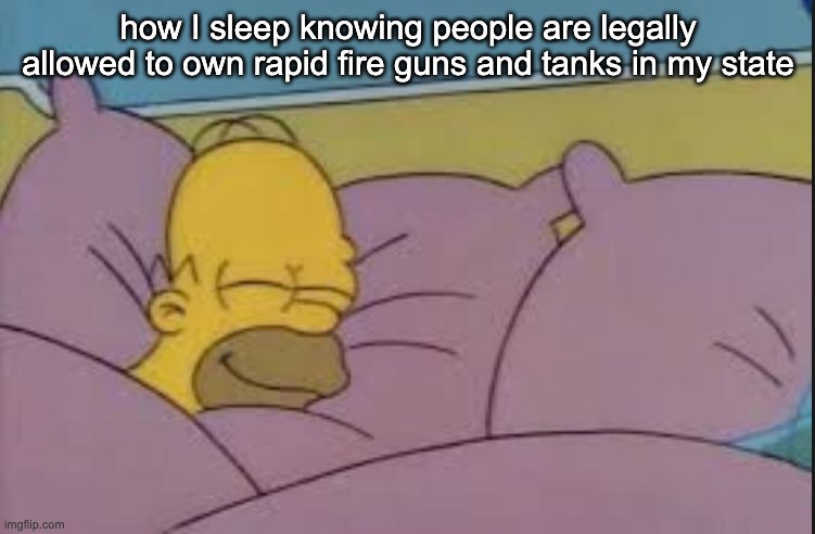 ye haw | how I sleep knowing people are legally allowed to own rapid fire guns and tanks in my state | image tagged in how i sleep homer simpson | made w/ Imgflip meme maker