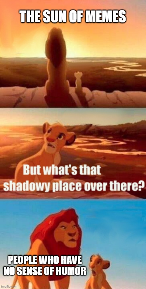 Simba Shadowy Place | THE SUN OF MEMES; PEOPLE WHO HAVE NO SENSE OF HUMOR | image tagged in memes,simba shadowy place | made w/ Imgflip meme maker