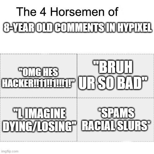 Four horsemen | 8-YEAR OLD COMMENTS IN HYPIXEL; "OMG HES HACKER!!11!!1!!!1!"; "BRUH UR SO BAD"; *SPAMS RACIAL SLURS*; "L IMAGINE DYING/LOSING" | image tagged in four horsemen | made w/ Imgflip meme maker