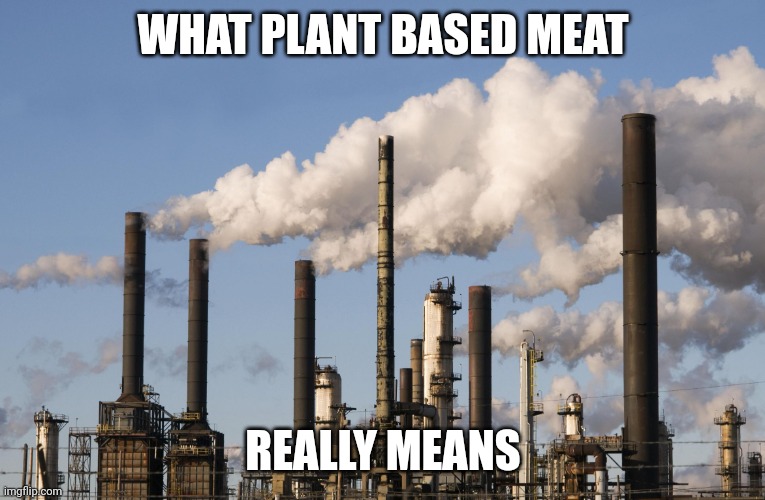 Plant based meat | WHAT PLANT BASED MEAT; REALLY MEANS | image tagged in factory,vegan | made w/ Imgflip meme maker