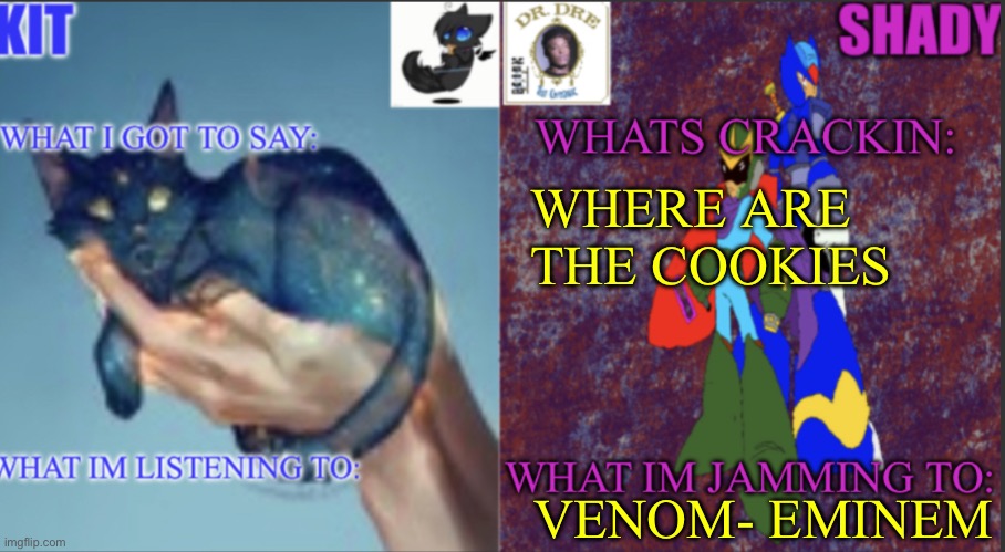 Kitnshady | WHERE ARE THE COOKIES; VENOM- EMINEM | image tagged in kitnshady | made w/ Imgflip meme maker