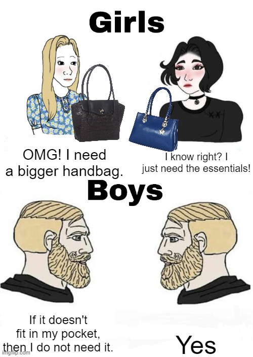 Girls vs Boys | OMG! I need a bigger handbag. I know right? I just need the essentials! Yes; If it doesn't fit in my pocket, then I do not need it. | image tagged in girls vs boys | made w/ Imgflip meme maker