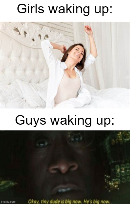 Every male person, you know what I mean. | Girls waking up:; Guys waking up: | image tagged in okay tiny dude is big now he s big now | made w/ Imgflip meme maker