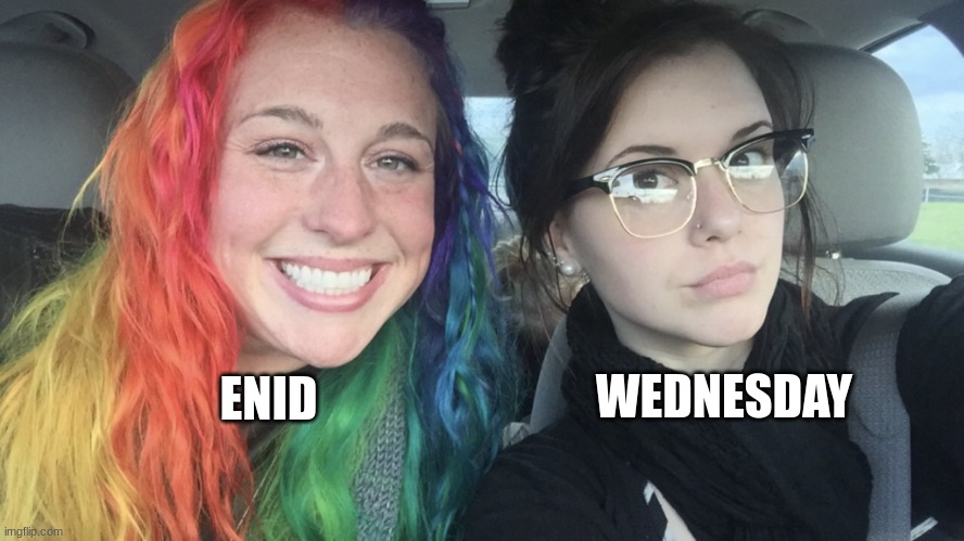cuz its a trend | WEDNESDAY; ENID | image tagged in rainbow hair and goth,wednesday addams,wednesday | made w/ Imgflip meme maker