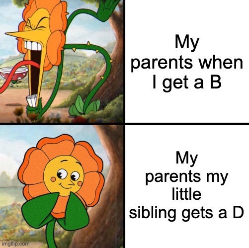 grades | My parents when I get a B; My parents my little sibling gets a D | image tagged in angry flower | made w/ Imgflip meme maker