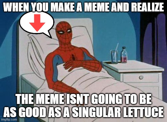 spiderman thinks he's getting downvotes xd | WHEN YOU MAKE A MEME AND REALIZE; THE MEME ISNT GOING TO BE AS GOOD AS A SINGULAR LETTUCE | image tagged in memes,spiderman hospital,spiderman | made w/ Imgflip meme maker