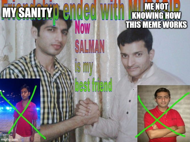 Ejsm | MY SANITY; ME NOT KNOWING HOW THIS MEME WORKS | image tagged in friendship ended | made w/ Imgflip meme maker