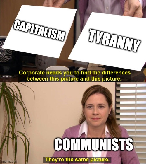 Tyrannical capitalism | CAPITALISM; TYRANNY; COMMUNISTS | image tagged in they are the same picture | made w/ Imgflip meme maker