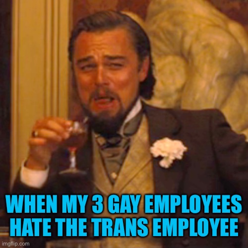 Laughing Leo Meme | WHEN MY 3 GAY EMPLOYEES HATE THE TRANS EMPLOYEE | image tagged in memes,laughing leo | made w/ Imgflip meme maker