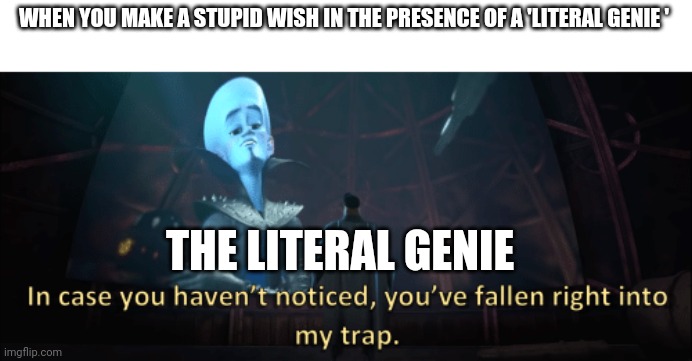 The genie takes everything literally | WHEN YOU MAKE A STUPID WISH IN THE PRESENCE OF A 'LITERAL GENIE '; THE LITERAL GENIE | image tagged in megamind trap template | made w/ Imgflip meme maker