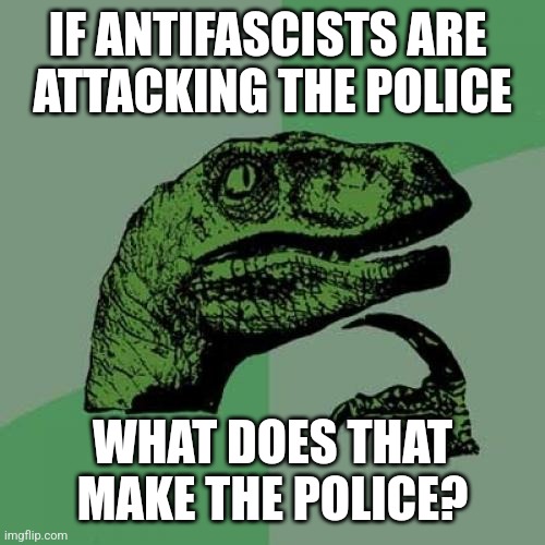 Philosoraptor Meme | IF ANTIFASCISTS ARE 
ATTACKING THE POLICE WHAT DOES THAT MAKE THE POLICE? | image tagged in memes,philosoraptor | made w/ Imgflip meme maker