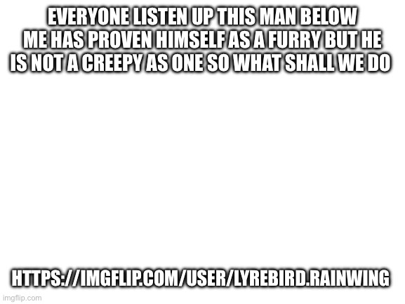 We must decide his fate and his most recent serch history is clean | EVERYONE LISTEN UP THIS MAN BELOW ME HAS PROVEN HIMSELF AS A FURRY BUT HE IS NOT A CREEPY AS ONE SO WHAT SHALL WE DO; HTTPS://IMGFLIP.COM/USER/LYREBIRD.RAINWING | image tagged in blank white template,the council will decide your fate,furry,anti furry | made w/ Imgflip meme maker