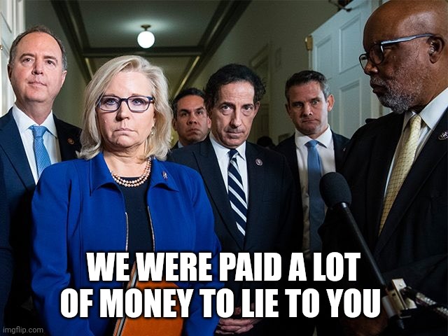 J6 Committee | WE WERE PAID A LOT OF MONEY TO LIE TO YOU | image tagged in j6 committee | made w/ Imgflip meme maker