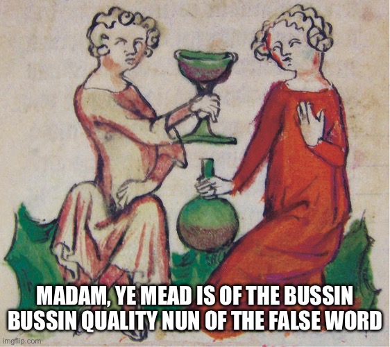 English class meme 1 | MADAM, YE MEAD IS OF THE BUSSIN BUSSIN QUALITY NUN OF THE FALSE WORD | image tagged in medieval goblet | made w/ Imgflip meme maker