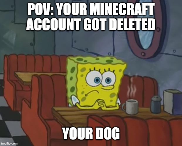 Poor dog | POV: YOUR MINECRAFT ACCOUNT GOT DELETED; YOUR DOG | image tagged in spongebob waiting | made w/ Imgflip meme maker