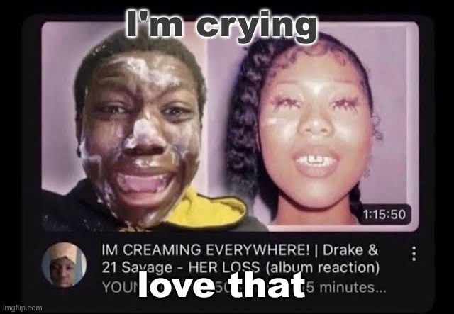 cream | I'm crying; love that | image tagged in cream | made w/ Imgflip meme maker