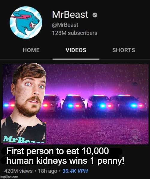 MrBeast thumbnail template | First person to eat 10,000 human kidneys wins 1 penny! | image tagged in mrbeast thumbnail template | made w/ Imgflip meme maker