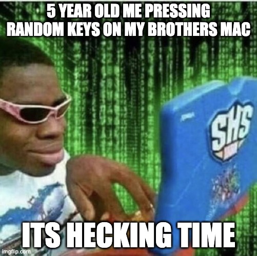 don't let ur brother go heckin time | 5 YEAR OLD ME PRESSING RANDOM KEYS ON MY BROTHERS MAC; ITS HECKING TIME | image tagged in ryan beckford | made w/ Imgflip meme maker