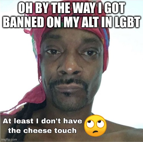 Cheese touch | OH BY THE WAY I GOT BANNED ON MY ALT IN LGBT | image tagged in cheese touch | made w/ Imgflip meme maker