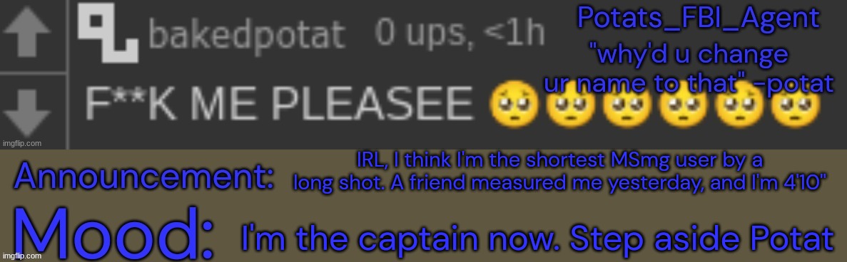 short king | IRL, I think I'm the shortest MSmg user by a long shot. A friend measured me yesterday, and I'm 4'10''; I'm the captain now. Step aside Potat | made w/ Imgflip meme maker