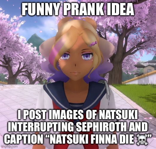 Kashiko Murasaki | FUNNY PRANK IDEA; I POST IMAGES OF NATSUKI INTERRUPTING SEPHIROTH AND CAPTION “NATSUKI FINNA DIE ☠️” | image tagged in kashiko murasaki | made w/ Imgflip meme maker