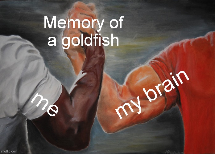 They're both the brain though? | Memory of a goldfish; my brain; me | image tagged in memes,epic handshake,funny,relatable,bad memory | made w/ Imgflip meme maker
