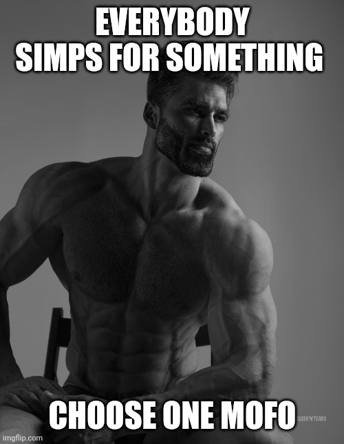 Giga Chad | EVERYBODY SIMPS FOR SOMETHING CHOOSE ONE MOFO | image tagged in giga chad | made w/ Imgflip meme maker
