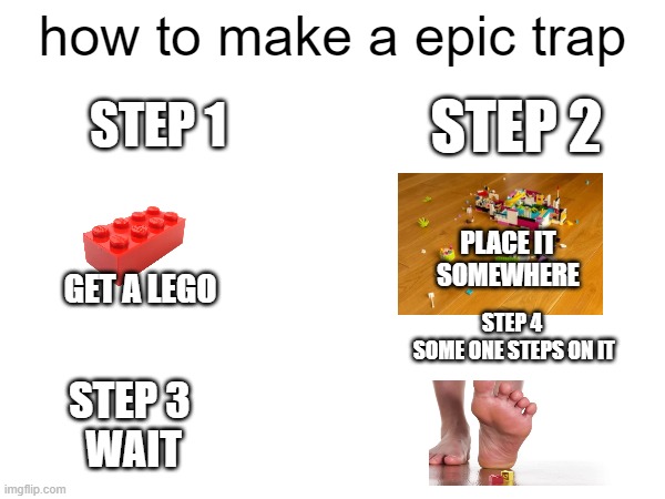 the most epic trap | how to make a epic trap; STEP 1; STEP 2; PLACE IT SOMEWHERE; GET A LEGO; STEP 4
 SOME ONE STEPS ON IT; STEP 3 
WAIT | image tagged in trap,lego | made w/ Imgflip meme maker