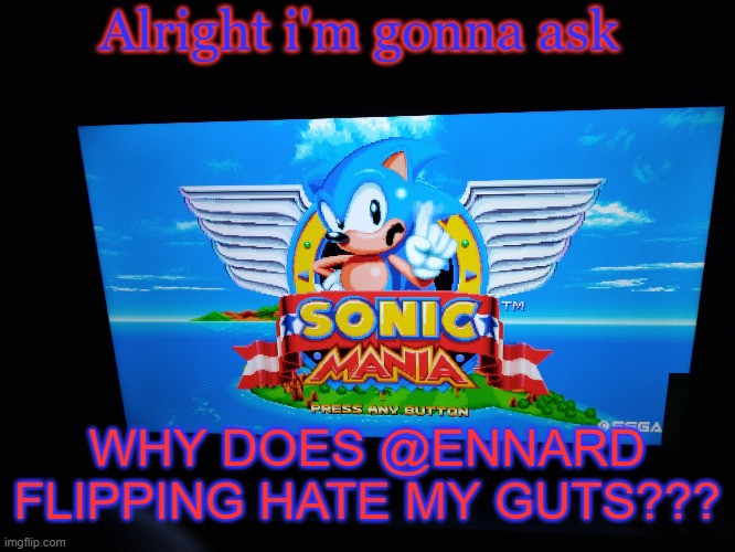 Sonic Mania Title Screen | Alright i'm gonna ask; WHY DOES @ENNARD FLIPPING HATE MY GUTS??? | image tagged in sonic mania title screen | made w/ Imgflip meme maker