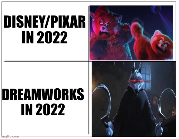 To tell you the truth, I like both of these movies. | DISNEY/PIXAR IN 2022; DREAMWORKS IN 2022 | image tagged in 4 square grid,turning red,puss in boots | made w/ Imgflip meme maker