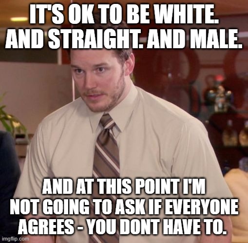 Im afraid to ask | IT'S OK TO BE WHITE. AND STRAIGHT. AND MALE. AND AT THIS POINT I'M NOT GOING TO ASK IF EVERYONE AGREES - YOU DONT HAVE TO. | image tagged in im afraid to ask | made w/ Imgflip meme maker