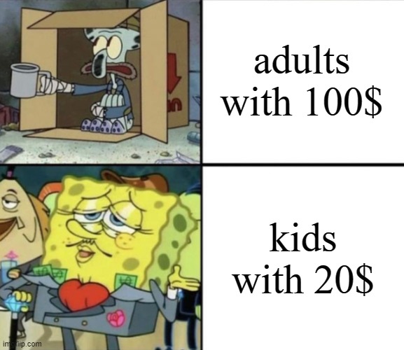 Poor Squidward vs Rich Spongebob | adults with 100$; kids with 20$ | image tagged in poor squidward vs rich spongebob | made w/ Imgflip meme maker
