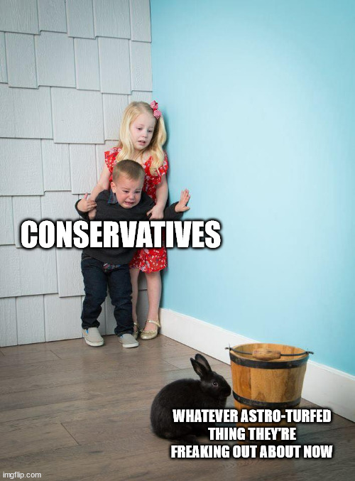 Kids Afraid of Rabbit | CONSERVATIVES; WHATEVER ASTRO-TURFED THING THEY'RE FREAKING OUT ABOUT NOW | image tagged in kids afraid of rabbit | made w/ Imgflip meme maker