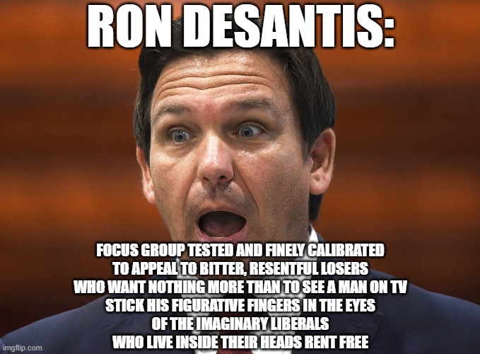 Vote Desantis if you're dumb enough to think that you can make your own life better by making other people's lives worse. | RON DESANTIS:; FOCUS GROUP TESTED AND FINELY CALIBRATED
TO APPEAL TO BITTER, RESENTFUL LOSERS
WHO WANT NOTHING MORE THAN TO SEE A MAN ON TV
STICK HIS FIGURATIVE FINGERS IN THE EYES
OF THE IMAGINARY LIBERALS
WHO LIVE INSIDE THEIR HEADS RENT FREE | image tagged in desantis racist,conservative logic,marketing,bitter,angry old man,party of hate | made w/ Imgflip meme maker